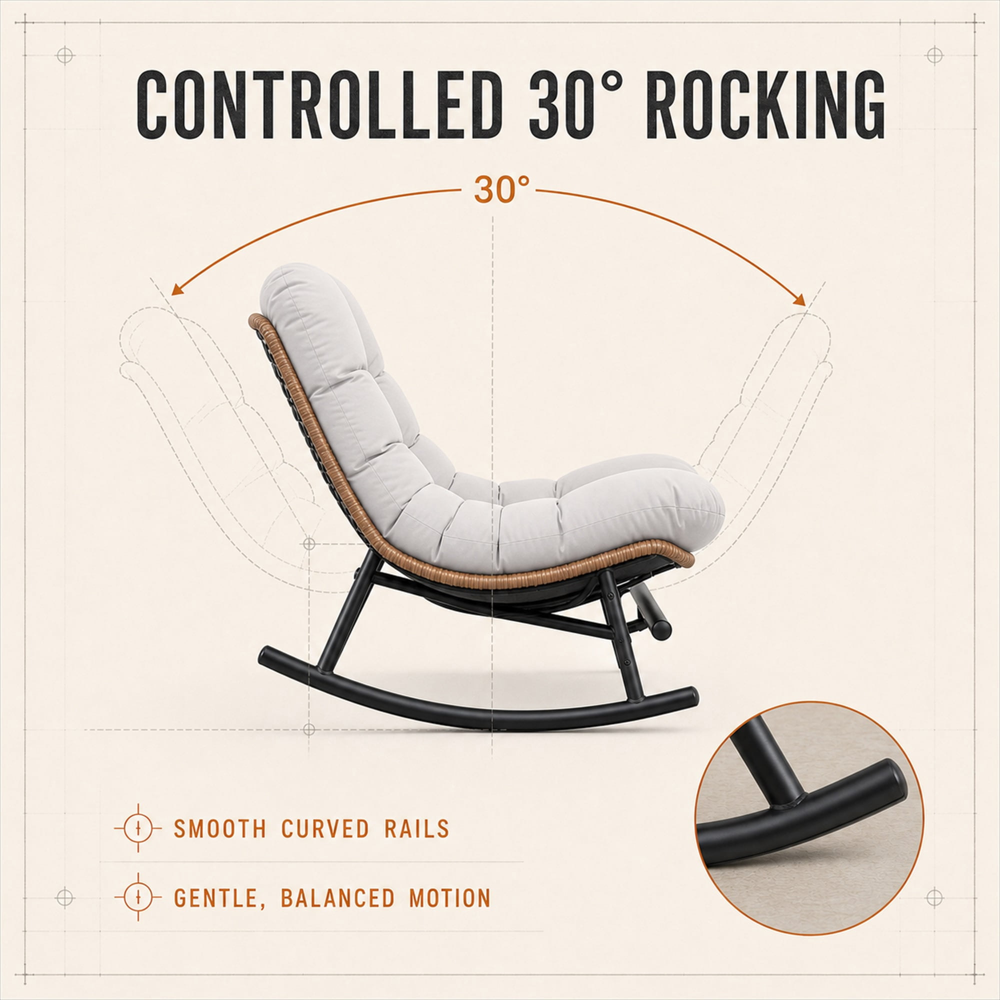 CLOUDREST PRO Outdoor Papasan Rocking Chair with Retractable Footrest, Oversized Wicker Patio Lounge Rocker with Thick Cushion and Steel Frame, 450 lb Capacity, Indoor Outdoor, Beige