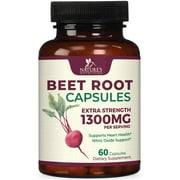 Beetroot Supplement - 1300mg Extra Strength Red Beet Root Powder Supports Nitric Oxide Production & Natural Energy - Vegan Herbal Pills Support Heart Health, GMO & Gluten Free - 60 Capsules