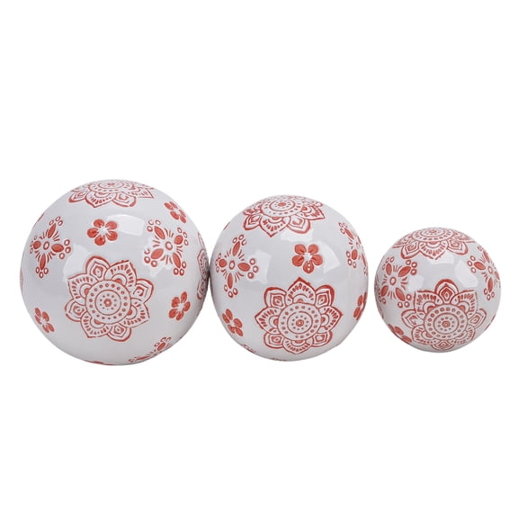 Sagebrook Home Ceramic Set of 3 Lotus Orbs, 4/5/6" White/Red