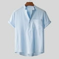 thumbnail image 2 of Lolmot Men Short Sleeved Cotton Linen Casual Shirts Solid Color Stand Collar Loose Tops Sports Vacation Beach Top Shirt Blouse with Pocket, 2 of 5