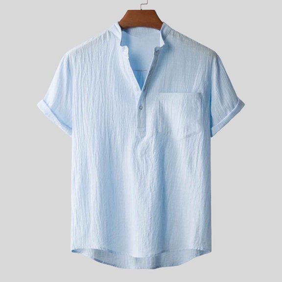QUINDOS Casual Hawaiian Shirts for Men Tall Button up Cotton Linen Short Sleeve Summer Shirts Solid Beach Pocket Vacation Loose Fit Shirts
