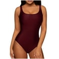thumbnail image 2 of Honeeladyy Women One Piece Swimsuit U Neck Solid Color Swimwear Slimming Strap Backless Stretch Bathing Suit Wine L, 2 of 4