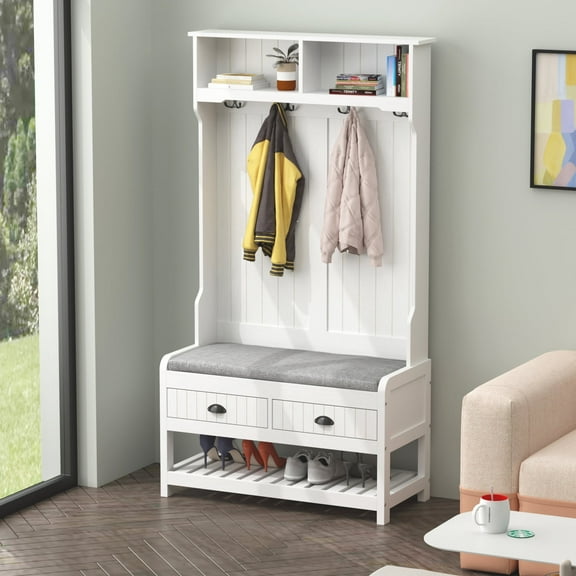 KULAGAGA 3-in-1 Hall Tree Storage Bench and Coat Rack with 4 Steel Double Hooks White