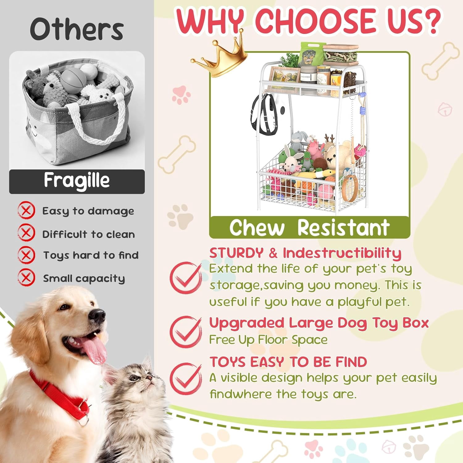 Indestructible Medium Dog Toy Basket - Rust Resistant Metal Wire Storage Organizer for Toys Food and Treats with Hooks