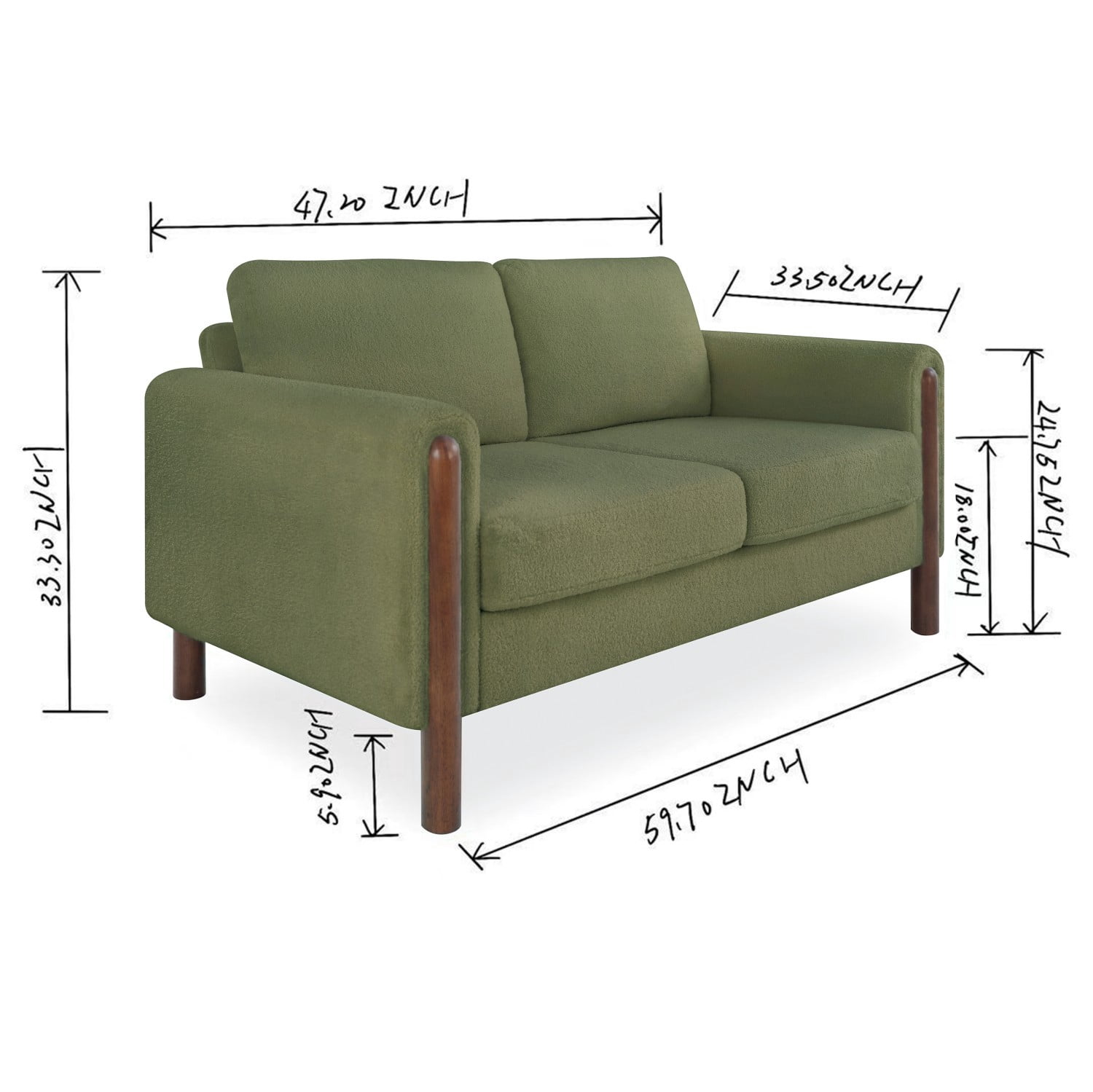 Mid Century Modern 2 Seater Loveseat Sofa Teddy Fabric Upholstered Couch with Walnut Legs and Back Pillows for Living Room Bedroom Office, Green