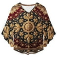 thumbnail image 4 of Gold And Red Ornate Floral Pattern Women's V-Neck Blouse With 3/4 Ruffled Bell Sleeves Casual Top Ladies Blouses, 4 of 7