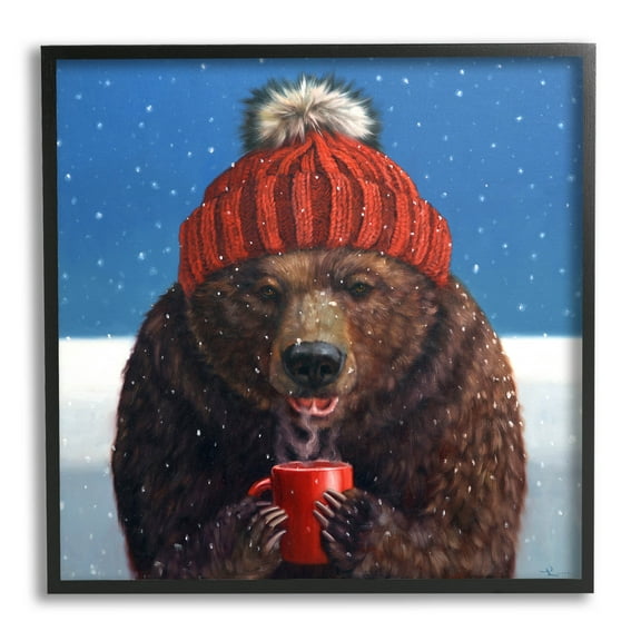 Stupell Industries Chilly Bear Hot Chocolate Snowfall Painting Black Framed Art Print Wall Art, Design by Lucia Heffernan