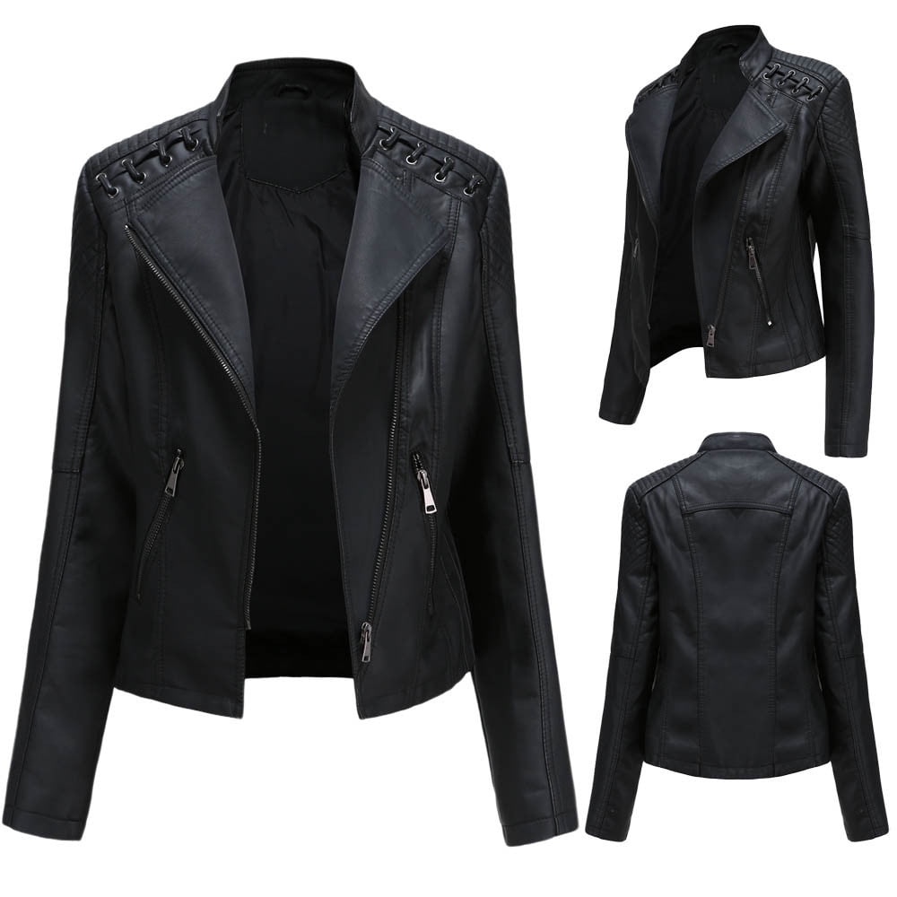 QATAINLAV Women's Faux Leather Moto Jacket Casual Short Solid Color Biker Coat Fall Winter Long Sleeve Zip Up Jackets with Pockets, Black, XXXXL