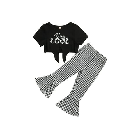

TheFound Kids Baby Girls Pants Set Short Sleeve Cool Crop Top Bow Plaid Flare Pants Summer 2Pcs Casual Outfits