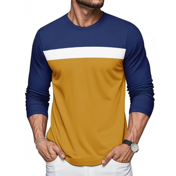 Plebaso Men's Long Sleeve T-Shirts Color Block Pullover Casual Crewneck Lightweight Tees Tops for Men