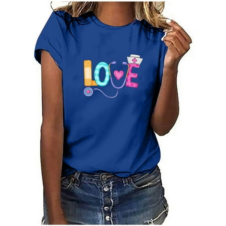 

summer tops for women Women s Short Sleeves Print Nurse s Day Casual Tops Pullover Blouse T-shirt Round-Neck Work Blouse Blue 3XL