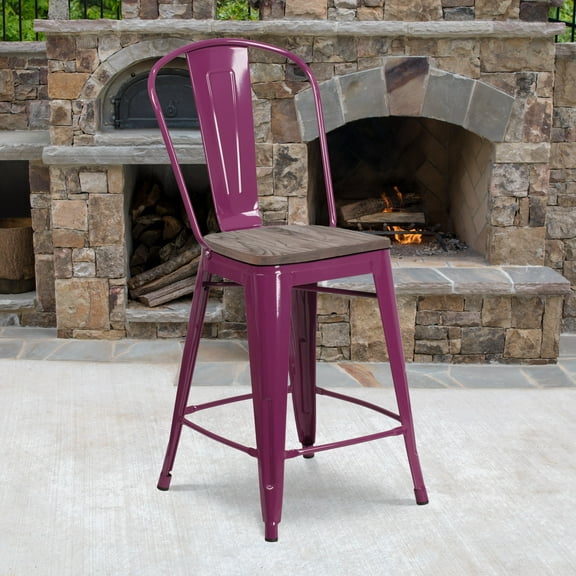 Flash Furniture 24" High Purple Metal Counter Height Stool with Back and Wood Seat