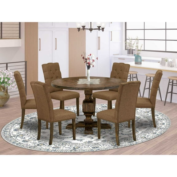 East West Furniture Irving 7 Pieces Wood Dining Set in Distressed Jacobean/Brown