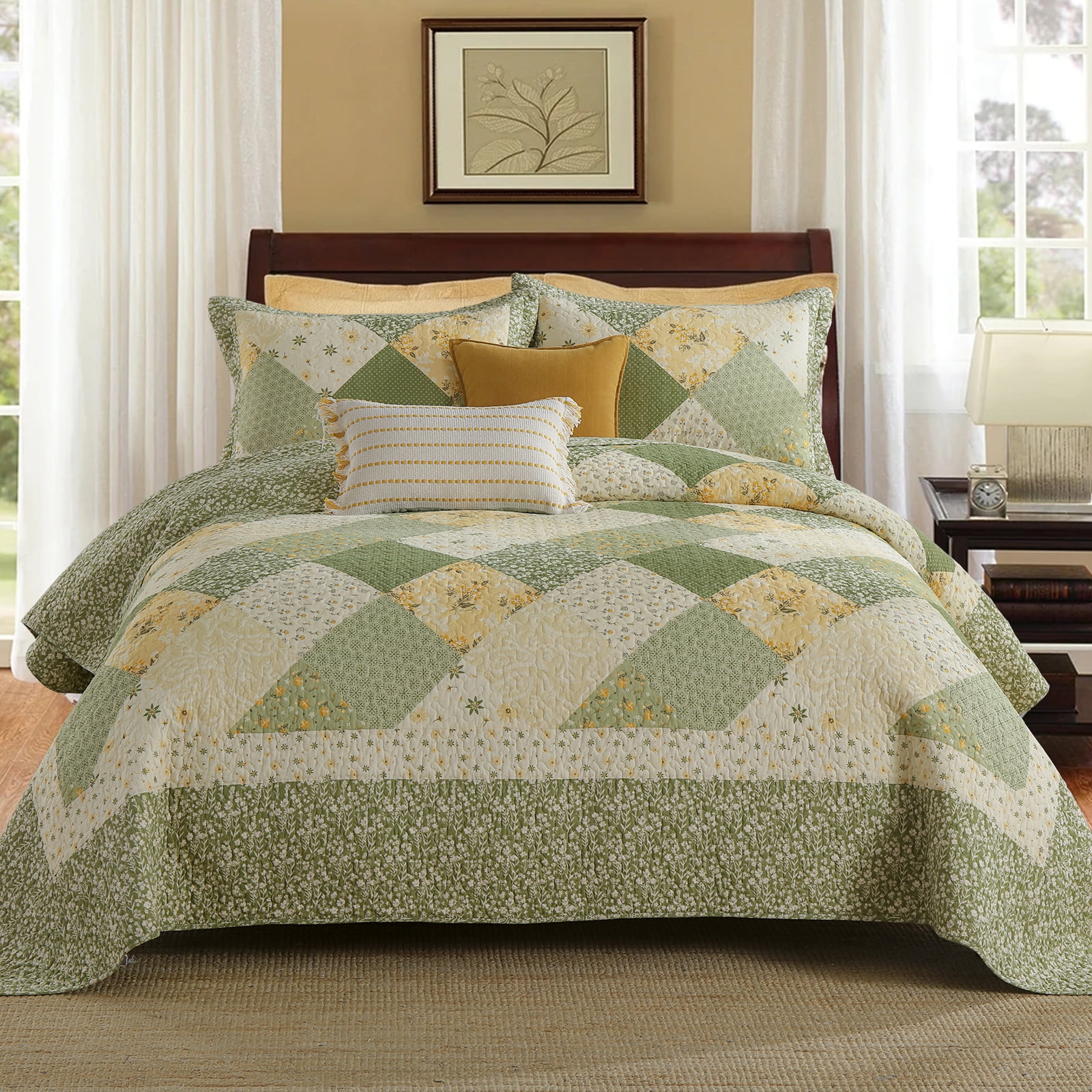 PANGUSHAN 100% Cotton 120"x120" Oversized California King Bedspread Coverlet Quilt Set, Cal King Quilted Bedspread Extra Large Wide Quilt, Floral XL Bed Spread Lightweight Comforter, 3pc, Green/Cream