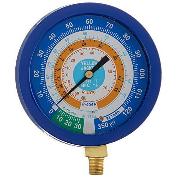 Yellow Jacket 49518 3-1/2" Liquid-Filled Gauge (degrees F) Blue Compound, 30"-0-120 psi, R-134A/404A/407C