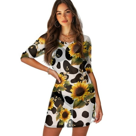 FKELYI Women s Swimwear Cover Ups Breathable Bikini Suit Cover-Up with Half Sleeve Sunflower Cow Print Sheer Fabric Beachwear Dress for Lady Summer Vacation Outfits  XS