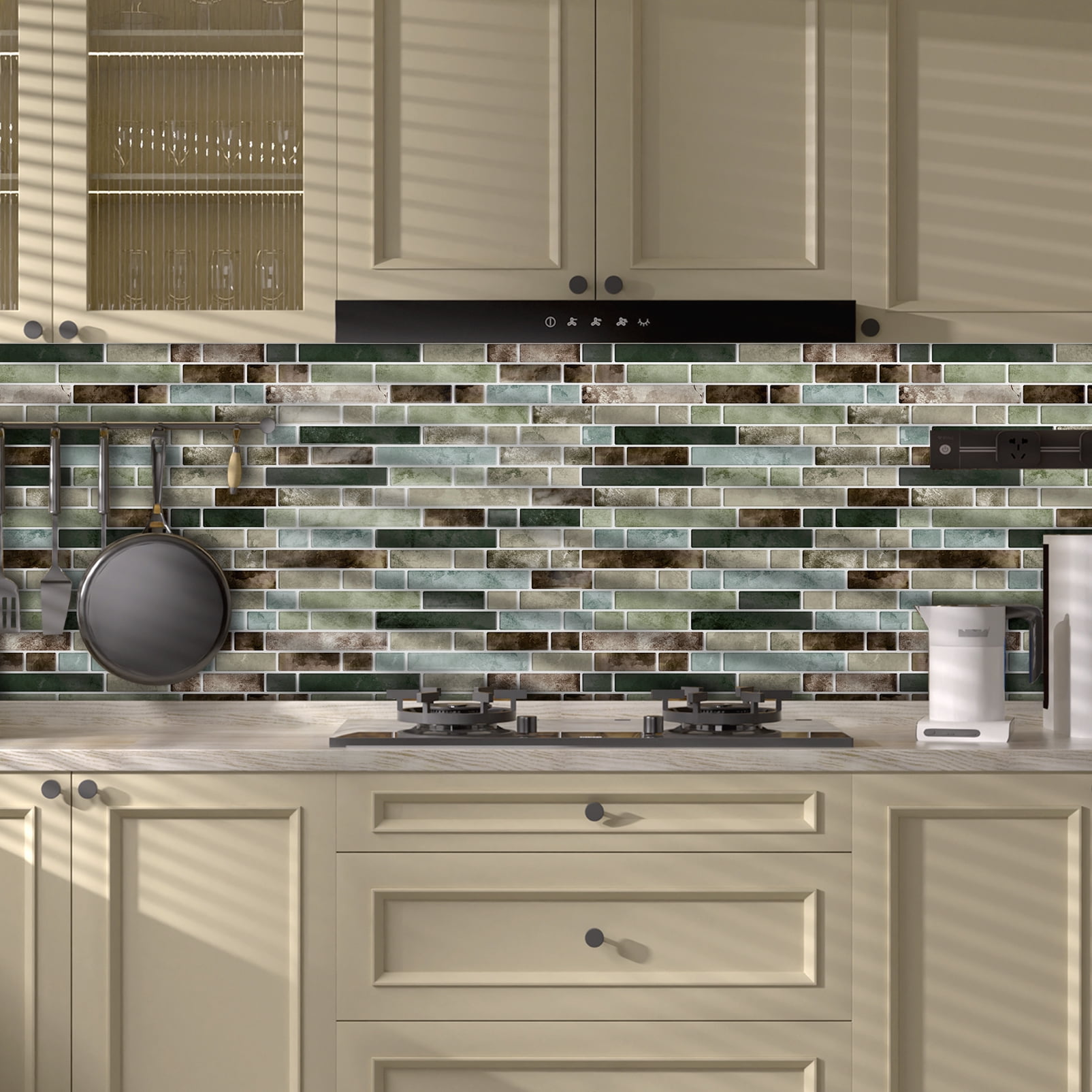 DEWOO Thick Kitchen Peel and Stick Tile Backsplash, Stick on Wall Tiles, 12"x12" Self Adhesive Sticky 3D Wall Marble Tiles Bathroom (10-Sheet，Green Brown)