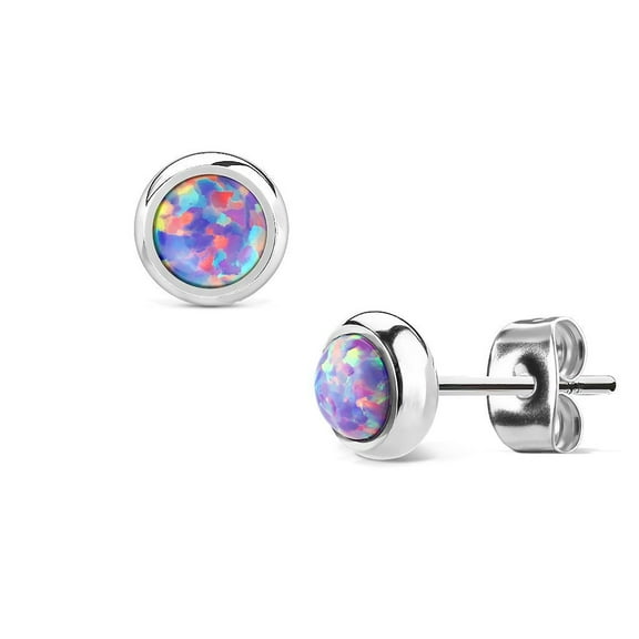 MoBody Created-Opal Round Stud Earrings Silver Surgical Stainless Steel Womens Jewelry (Purple Created-Opal)