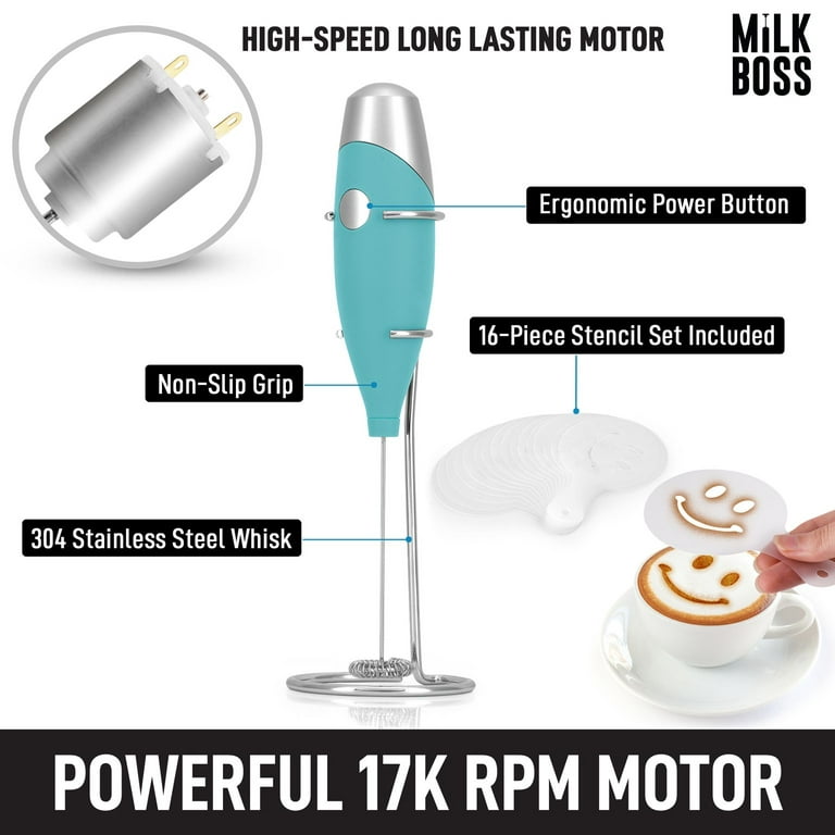 Milk Boss Milk Frother with 16-Piece Stencils, Smooth Teal