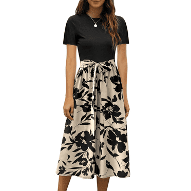 UVN Summer Dresses for Women Short Sleeve Ribbed Casual Midi Dress Ladies Floral Print Sundress with Pockets