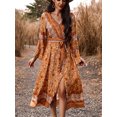 thumbnail image 6 of Cenuakty Women's Summer Bohemia Long Dress Long Sleeve Wrap V-Neck Retro Print Tie Front Slit A-Line Dress for Beach, Party, 6 of 8