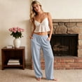 thumbnail image 4 of Petite Linen Pants for Women Striped Casual Comfy Elastic Waist Linen Drawstring Pants Y2k Baggy Flowy Lightweight Work Trousers Gray M, 4 of 6
