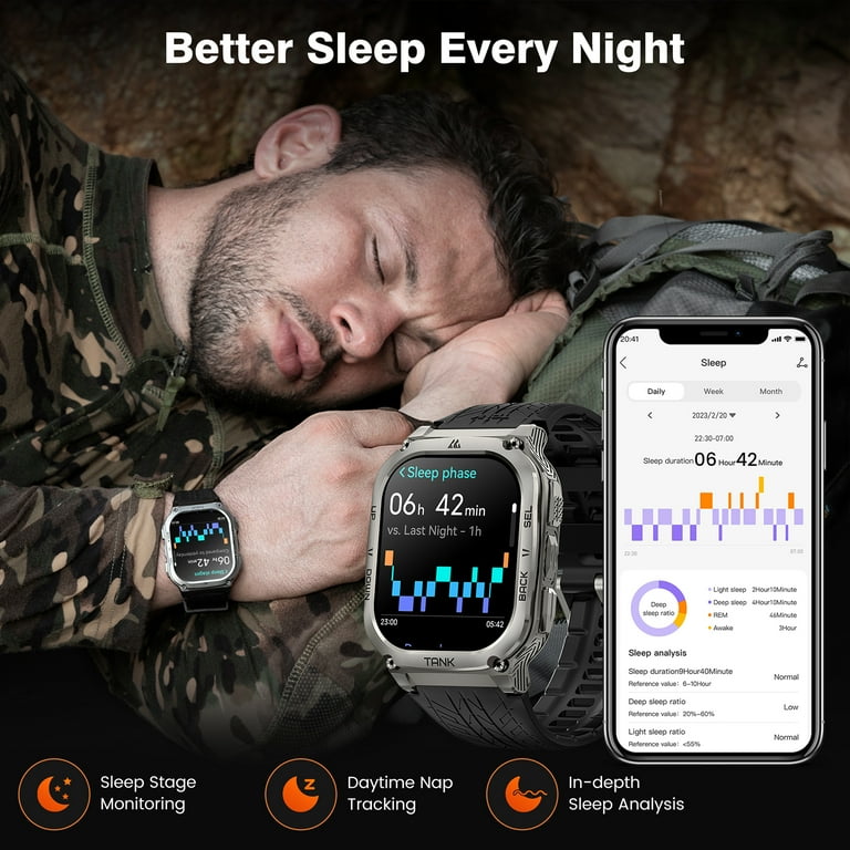 AMAZTIM M3 Rugged Smart Watch for Men 70 Days Long Battery Life 100m Waterproof for Android iPhone