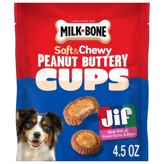 Milk Bone Peanut Buttery Cups, Filled Soft Dog Treats With Jif Peanut Butter & Real Bacon, 4.5 oz Bags