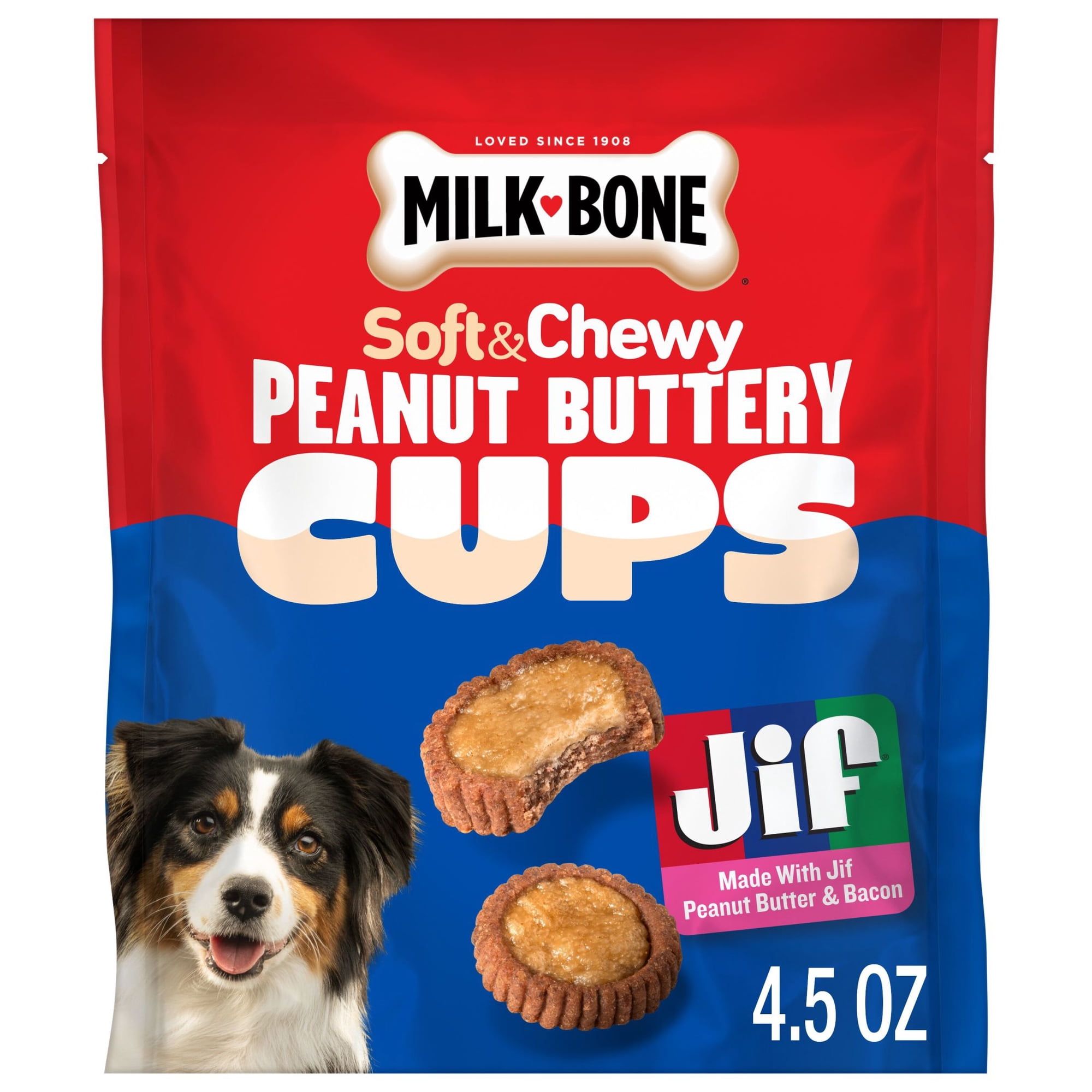 Milk Bone Peanut Buttery Cups, Filled Soft Dog Treats With Jif Peanut Butter & Real Bacon, 4.5 oz Bags