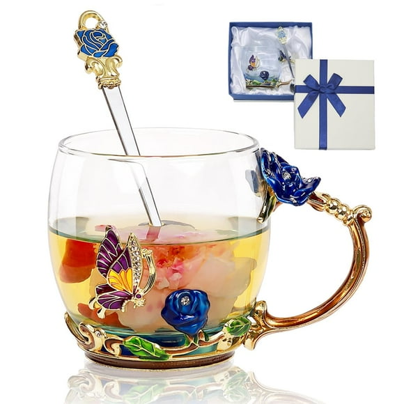 Taza de Té AISVELDY con Flor, Vaso de Cristal con Cuchara en Caja de Regalo