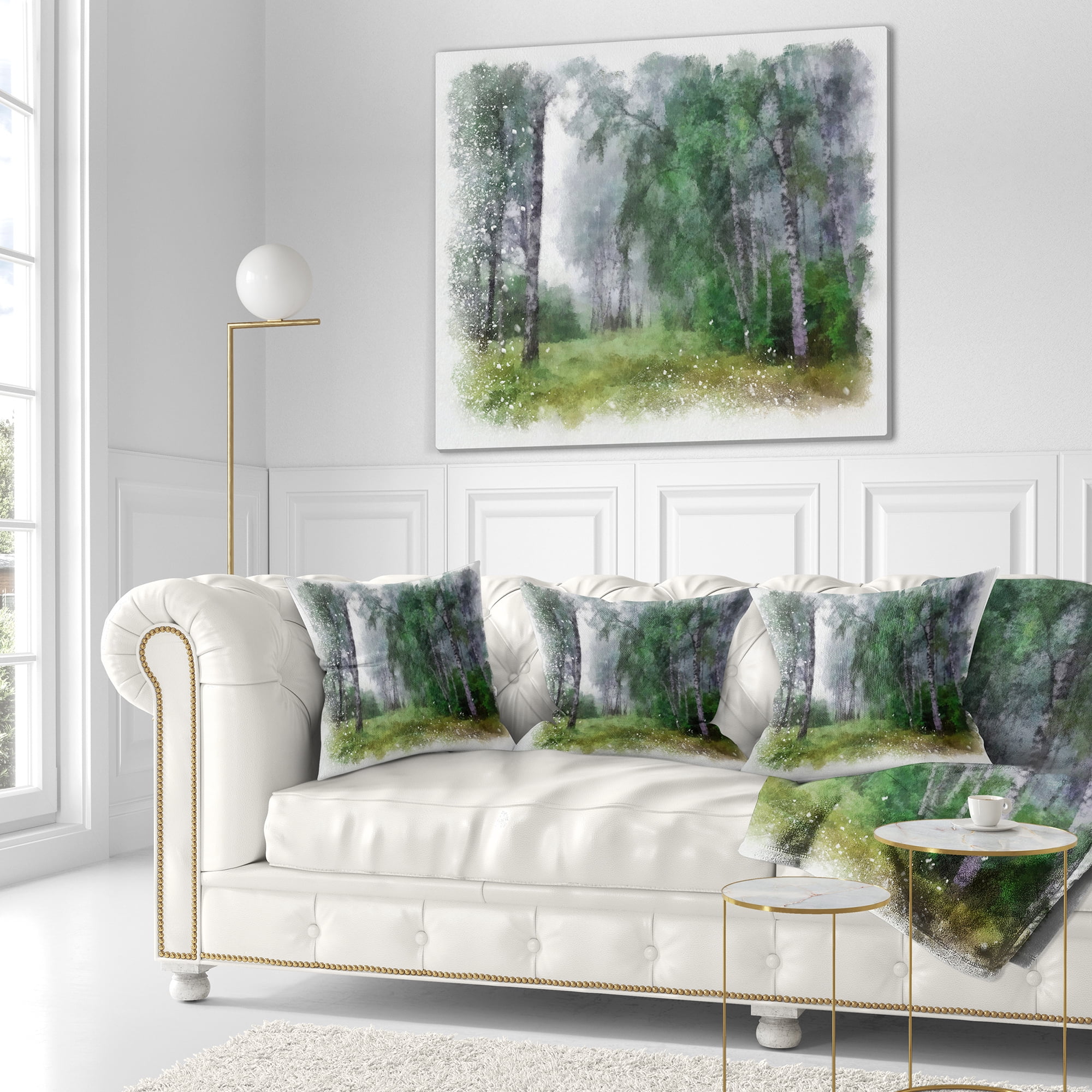 Designart Green Forest Watercolor Drawing - Landscape Printed Throw Pillow - 16x16