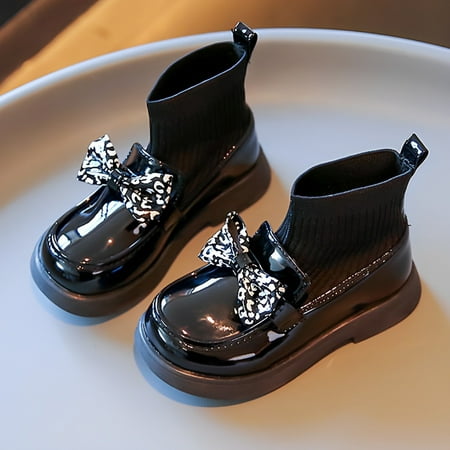 

Girls High Sock Shoes Boots Soft-soled Leather Loafers With Bow Decor For Winter