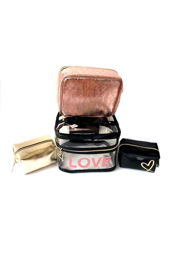 4 in 1 Train Cosmetic Case Travel Tote Clear & Gold 4 Piece Set for Women New