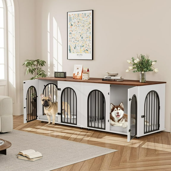 71" Heavy Duty Dog Crate Furniture for 2 Dogs | TV Stand Kennel with Divider & Soft Cushion