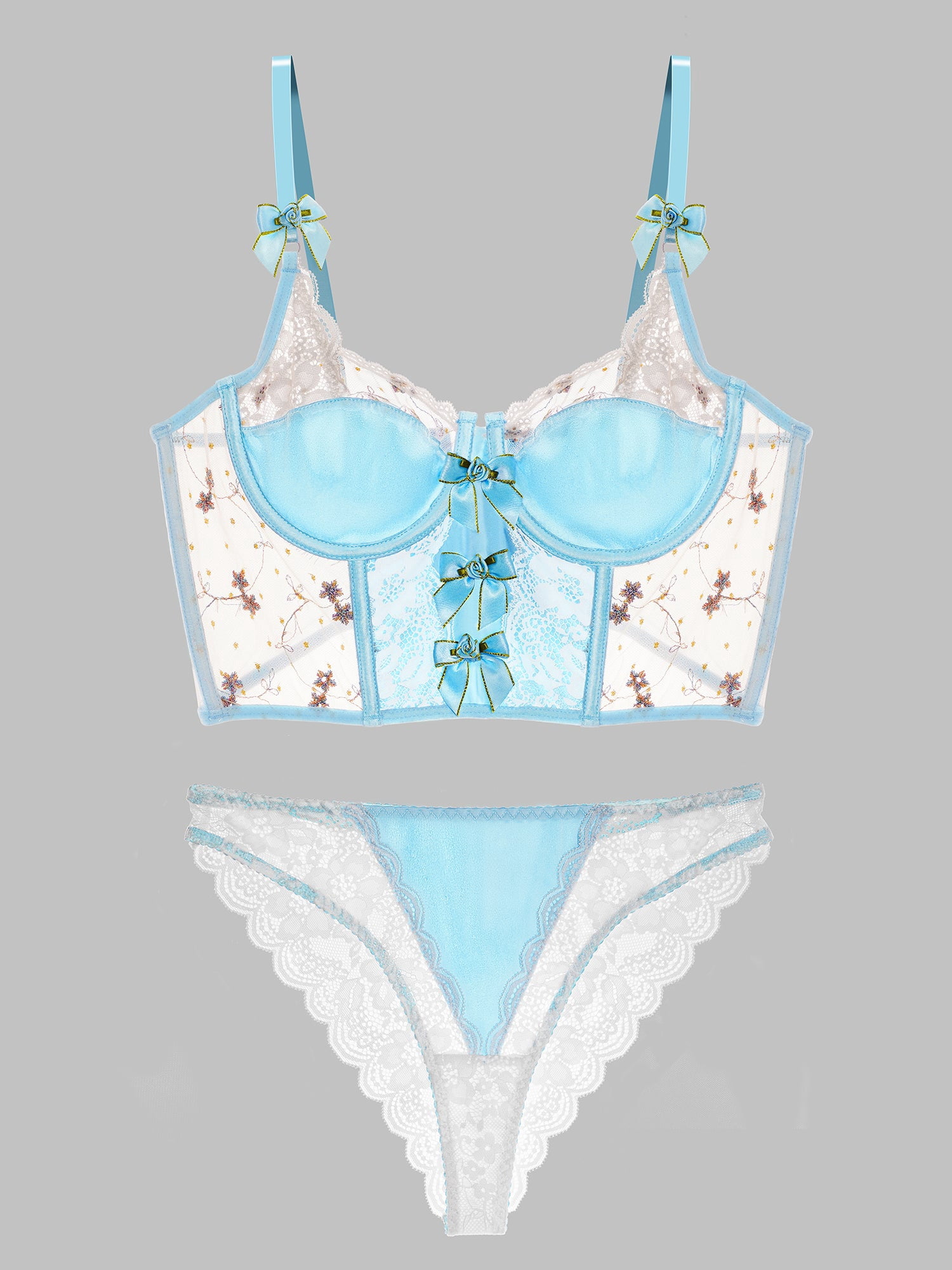 Baby Blue Satin Rosette Bow Lingerie Set (BLUE, 2XL)