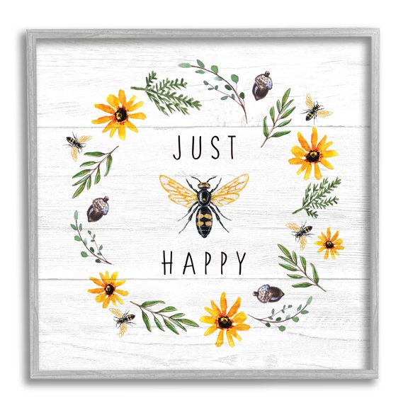 Stupell Industries Just Bee Happy Pun Phrase Yellow Daisy Wreath, 12 x 12, Designed by Elizabeth Tyndall