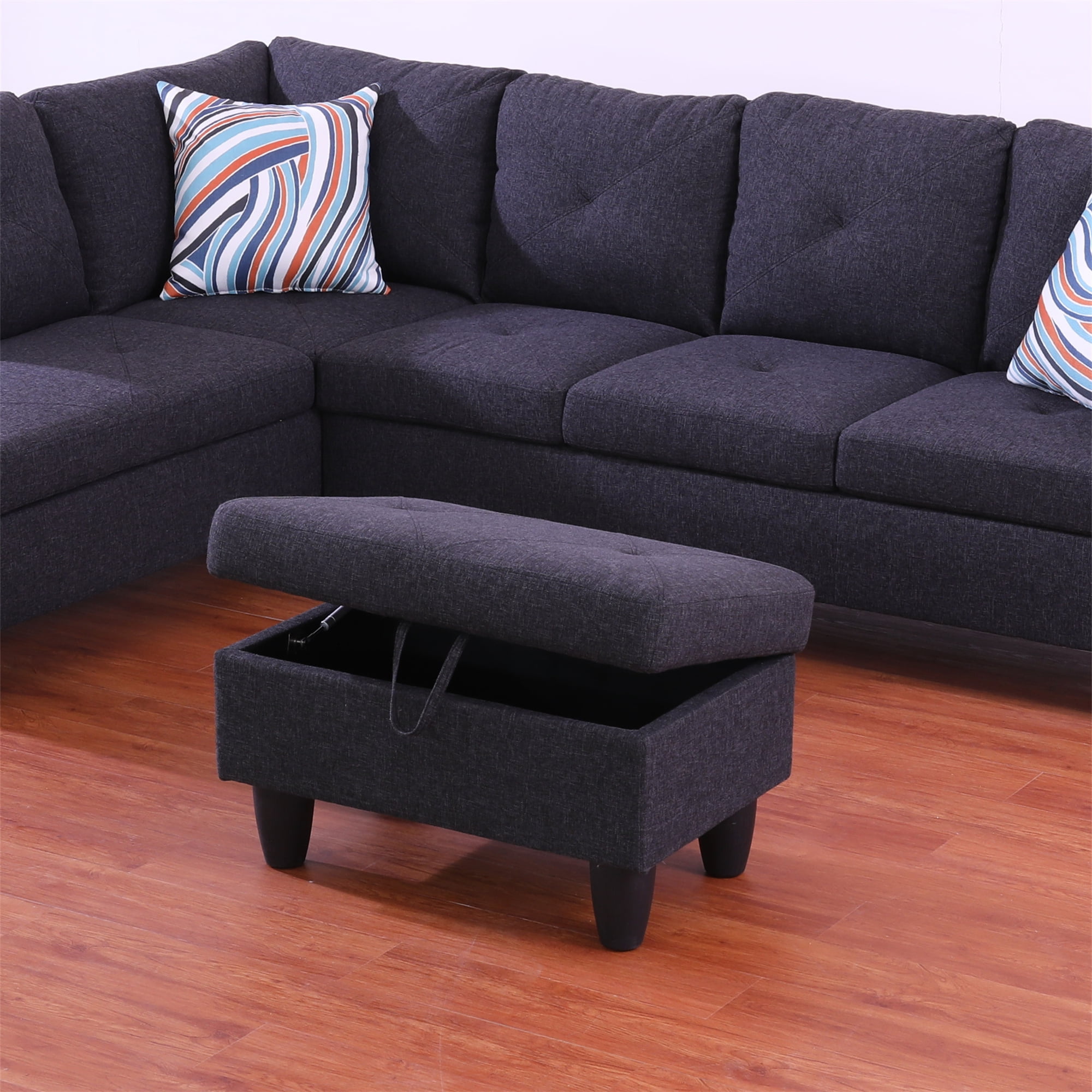 Aukfa 29" Storage Ottoman Bench for Sectional Sofa Set, Lift Top, Linen, Black Grey