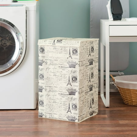 Lined Wicker Hamper With Lid Postcards From Paris Vintage French Rectangular Non-Woven Hamper With Velcro Closure Lid, Natural ()