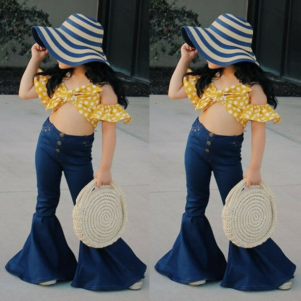 Toddler Kids Girl Denim Bell Bottoms Outfits Summer 2 Pieces Set Yellow  Crop Tops+Trousers