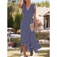 thumbnail image 3 of Navy Polka Dot V-Neck Wrap High-Low Maxi Dress For Women, 3 of 6