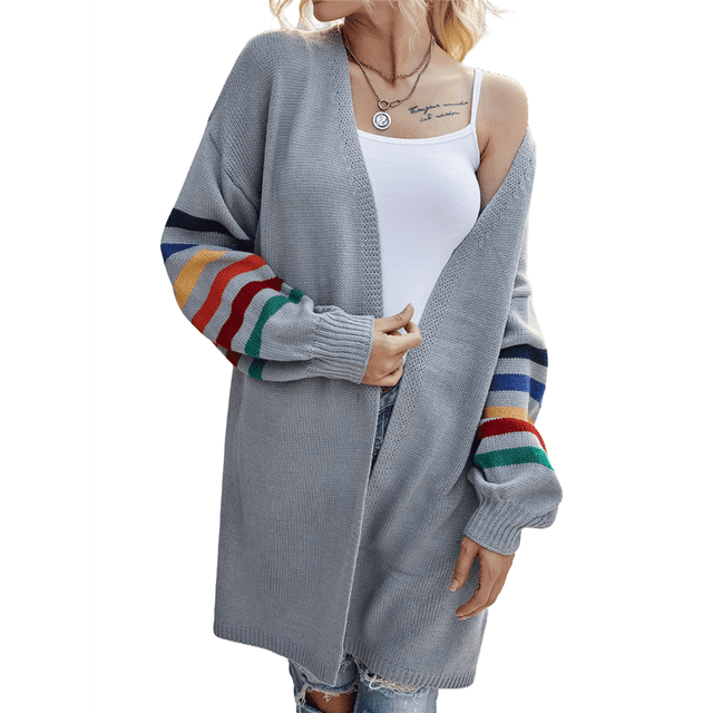 Women's Long Open Front Cardigan Striped Color Block Loose Knit Sweaters Outwear Coat Grey M