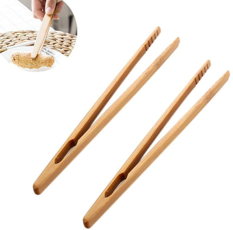 Chainplus 2 Pieces Bamboo Tongs, Toaster Tongs for Cooking Toast Bread