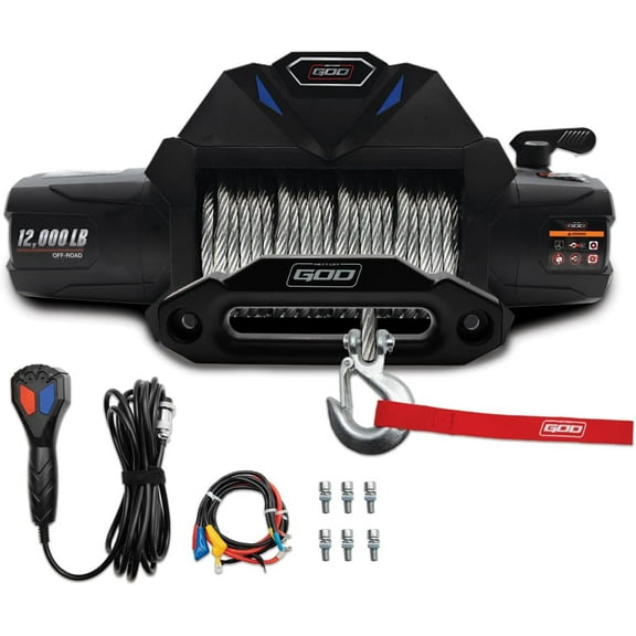 Motor God 12V-DC Minimum 650 CCA Electric Winch with Wire - A Series-Wound Motor That Stays Cooler During Long pulls - Contains a Hawse Fairlead and Steel Cable Rope (12,000 LBS)