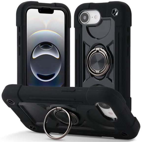 Case for Apple iPhone 17e / iPhone 16e 6.1 Inch with Double ring Stand 360° rotating bracket PC silicone, Heavy-Duty Military Grade Shockproof Phone Cover,Black,For iPhone 17e / 16e
