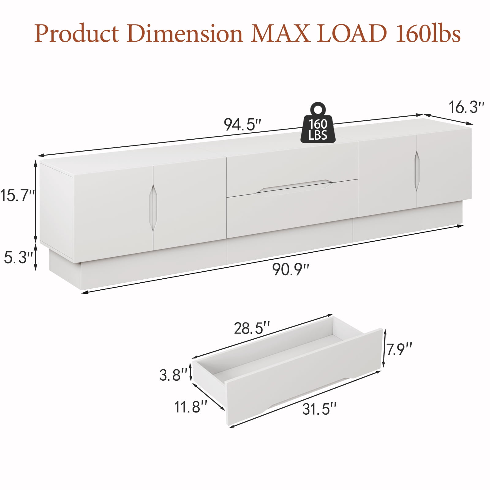 94.5" Wide Modern TV Stands with Storage, Wooden Media Console for Living Room, Bedroom, White