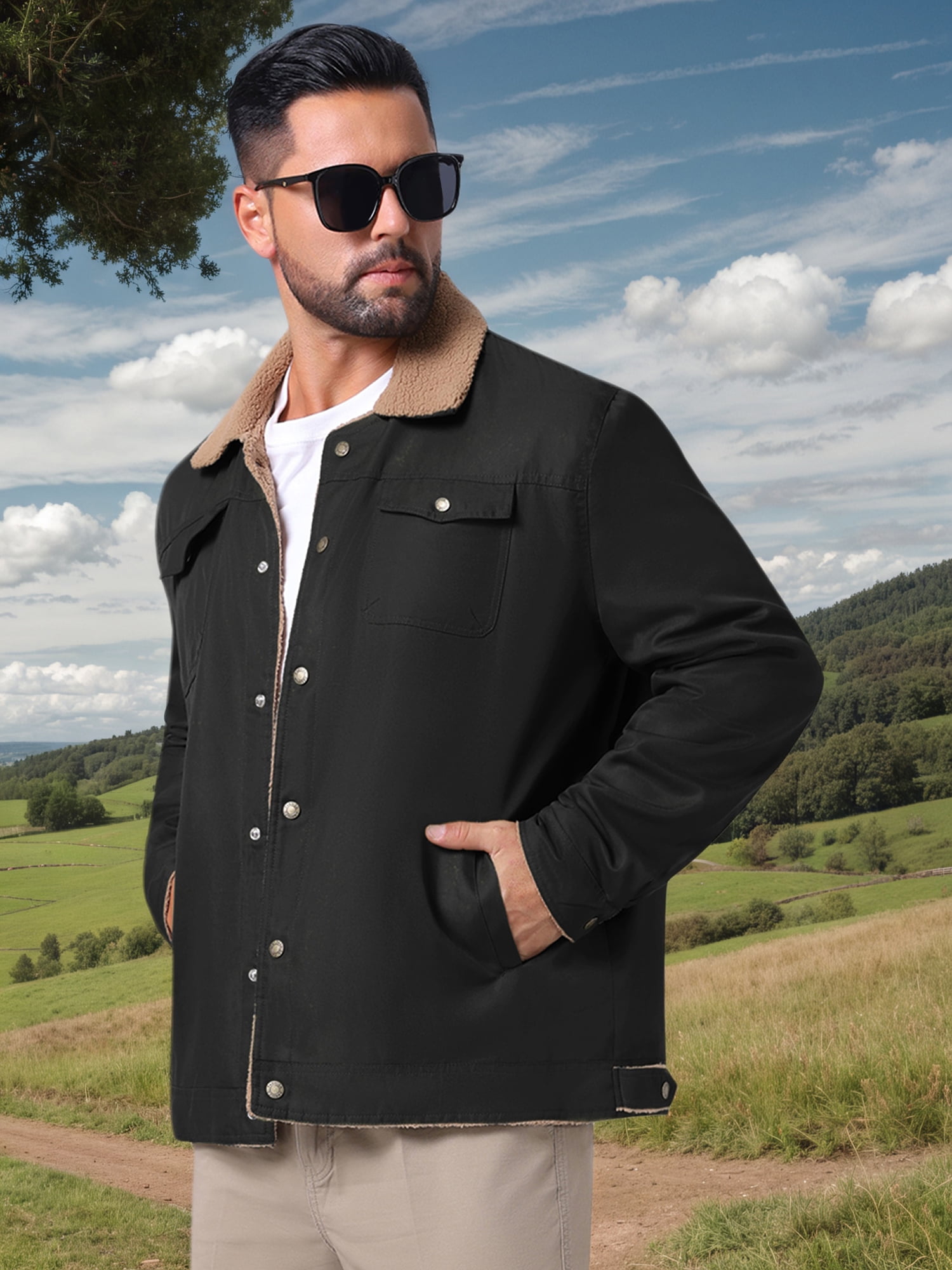 DARING DIVA Collared Button Front Fleece Lining Cargo Trucker Jacket S Black
