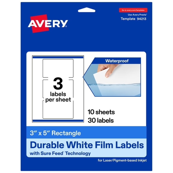 Avery 3" x 5" Waterproof Rectangle Labels, 30 Labels