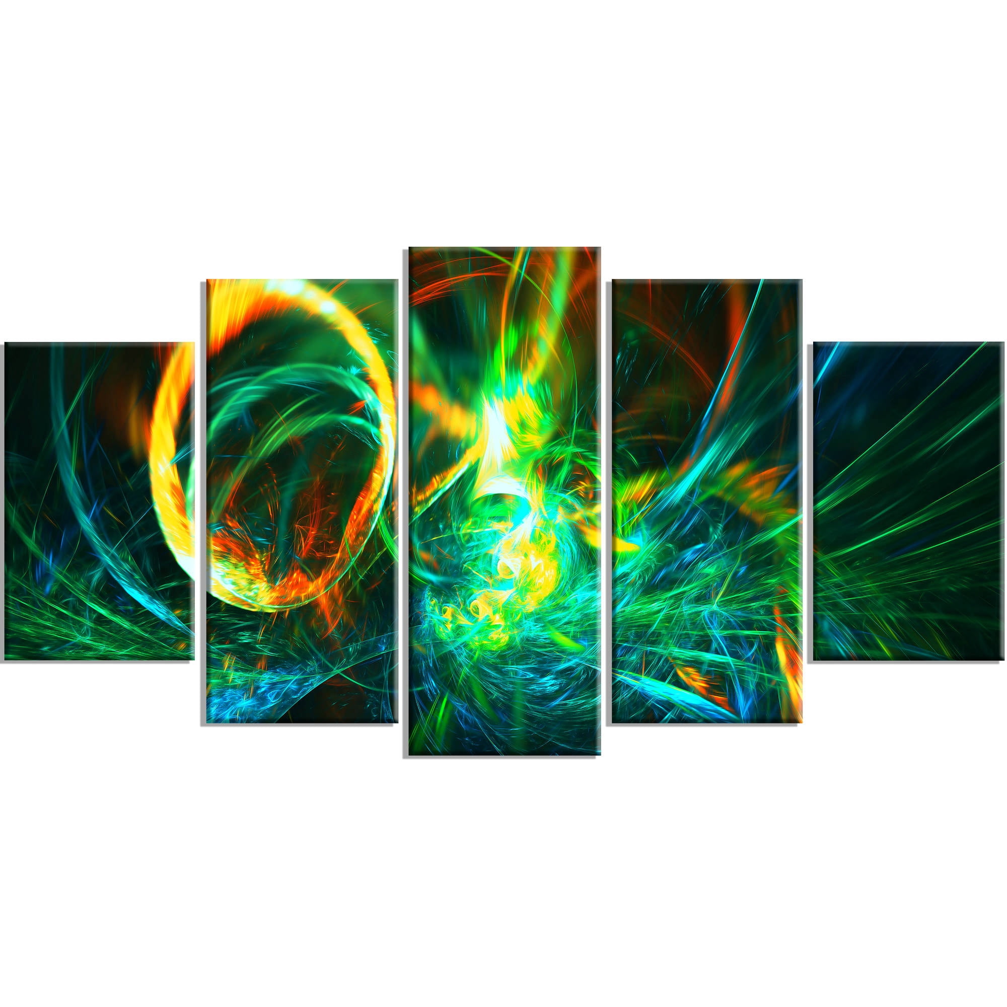 DESIGN ART Abstract "Fire Green" 4-piece Canvas Art Print 60 in. wide x 32 in. high - 5 Panels Diamond Shape