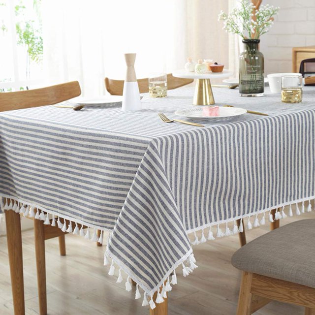 Stripe Tassel Tablecloth Cotton Linen Resistant/Dust-Proof Waterproof Table Cover for Kitchen Dinning Tabletop Decoration (Rectangle/Oblong,55 x 79 Inch, Blue)