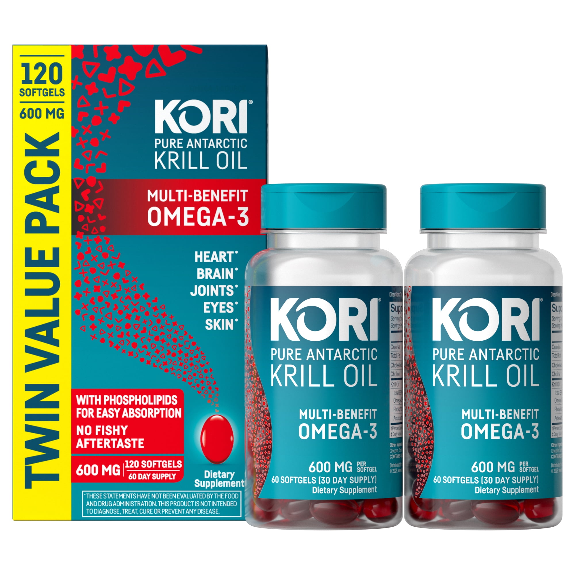(3 pack) Kori Krill Superior Absorption Vs Fish Oil, Omega-3 Supplement for Heart, Brain, Joint, Eye, Skin & Immune Health, Softgels,120 Count